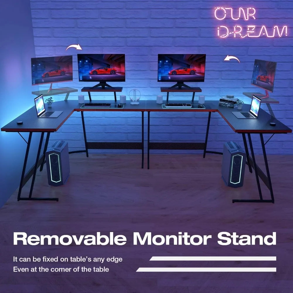 L-Shaped Gaming Desk with Monitor Riser – Sturdy Corner Computer Desk for Home Office & PC Gaming Setup, Space-Saving Writing Table
