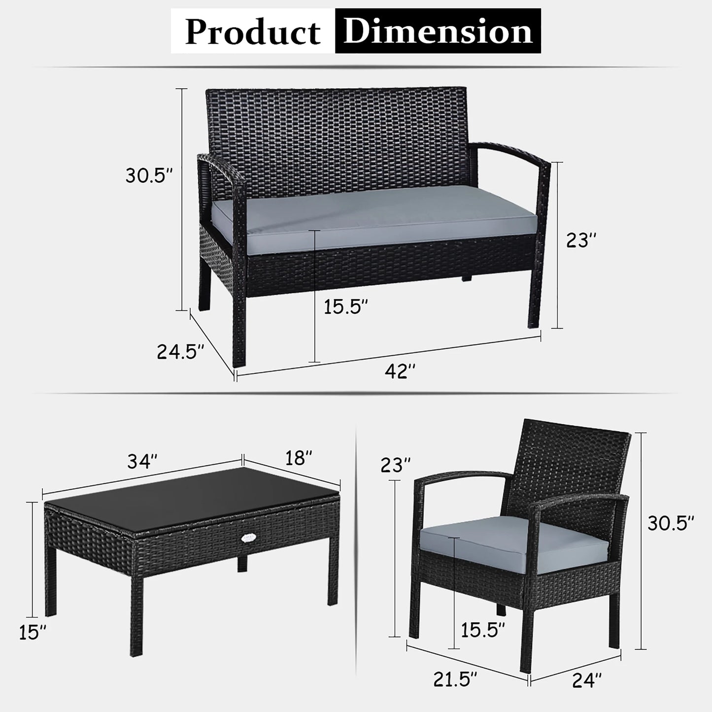 4pcs Black Rattan Wicker Furniture Set for Patio