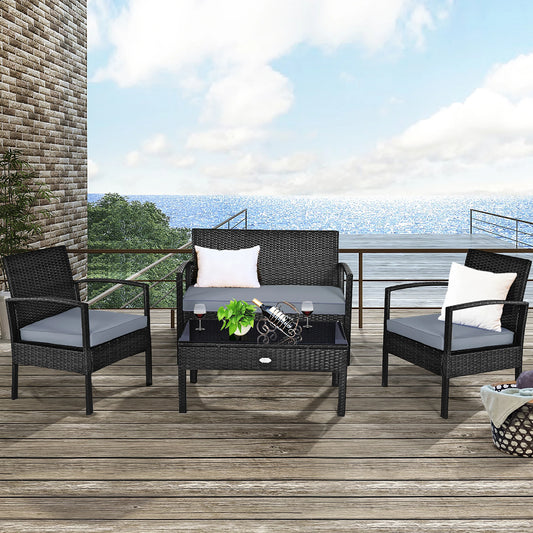 4pcs Black Rattan Wicker Furniture Set for Patio