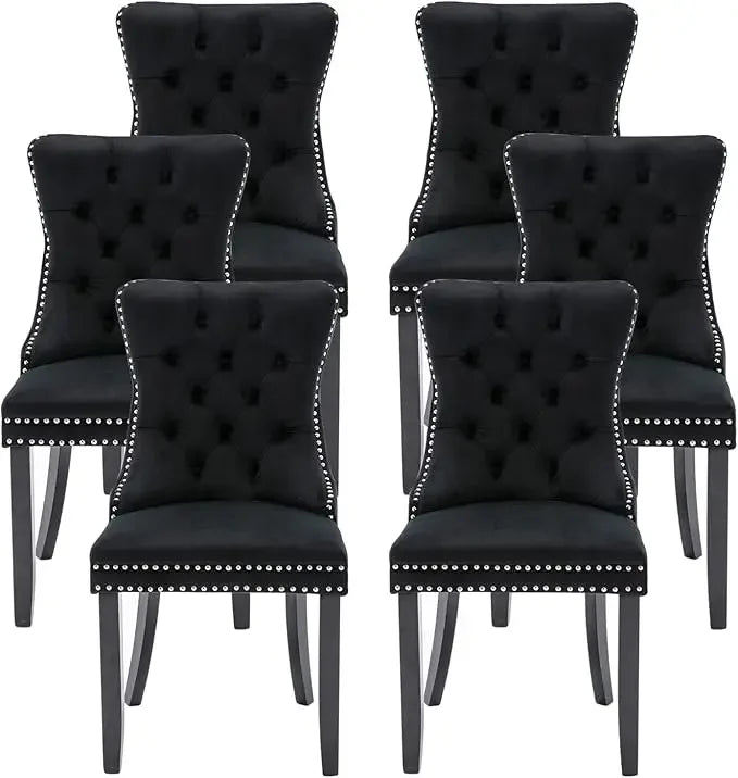 Leather Dining Chairs Set of 6 – Upholstered Wingback Dining Chairs with Nailhead Trim & Solid Wood Legs – Luxury Dining Room Side Chairs