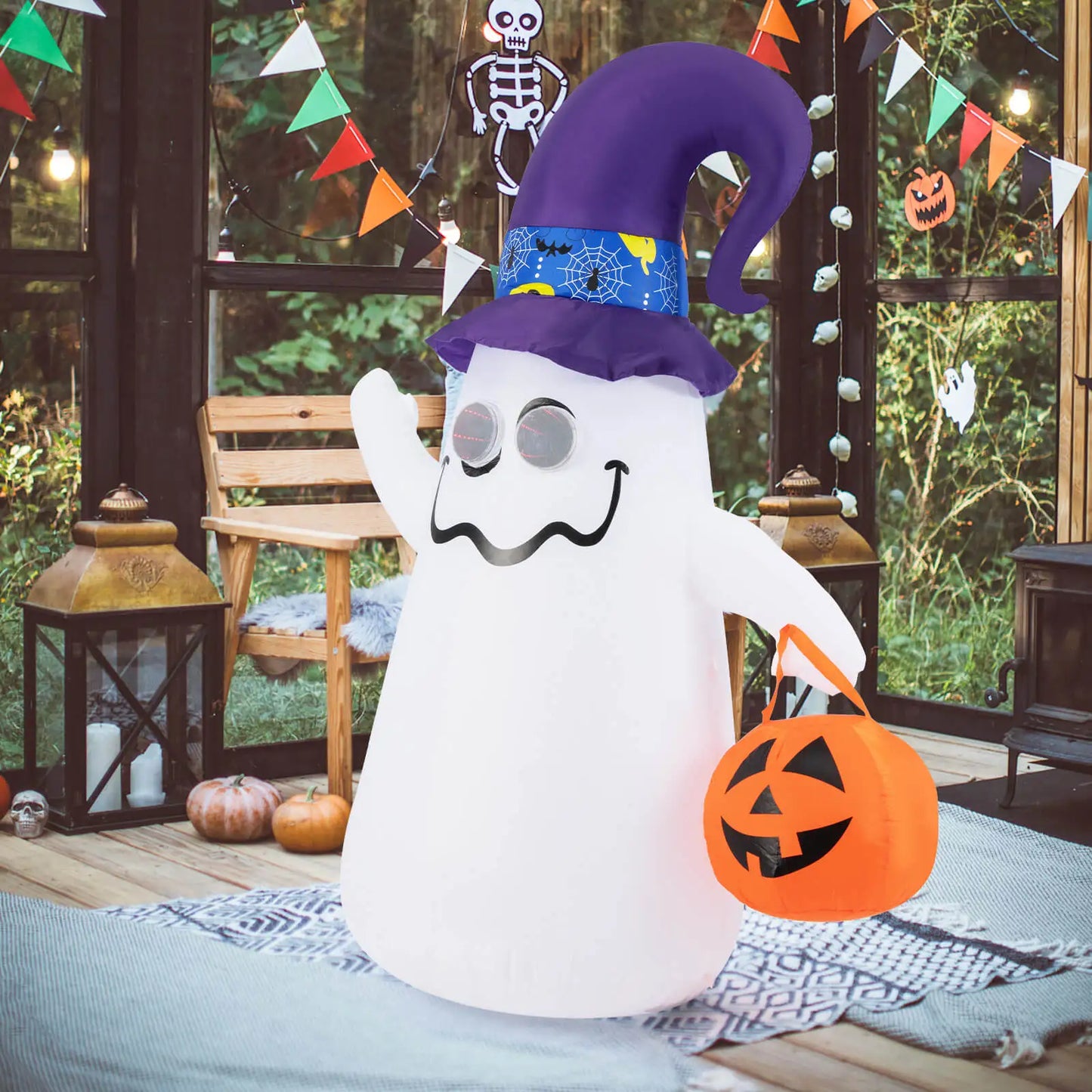6 Ft Halloween Inflatable – Cute Ghost with Jack-O’-Lantern & Witch Hat, Airblown Yard Decor