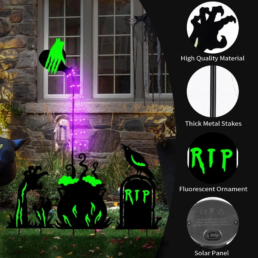 Halloween Outdoor Yard Decorations Set – 3 Solar LED Witch’s Cauldron, Potion Bottles, Ghost Hand & Tombstone Metal Stake Lights for Patio and Garden