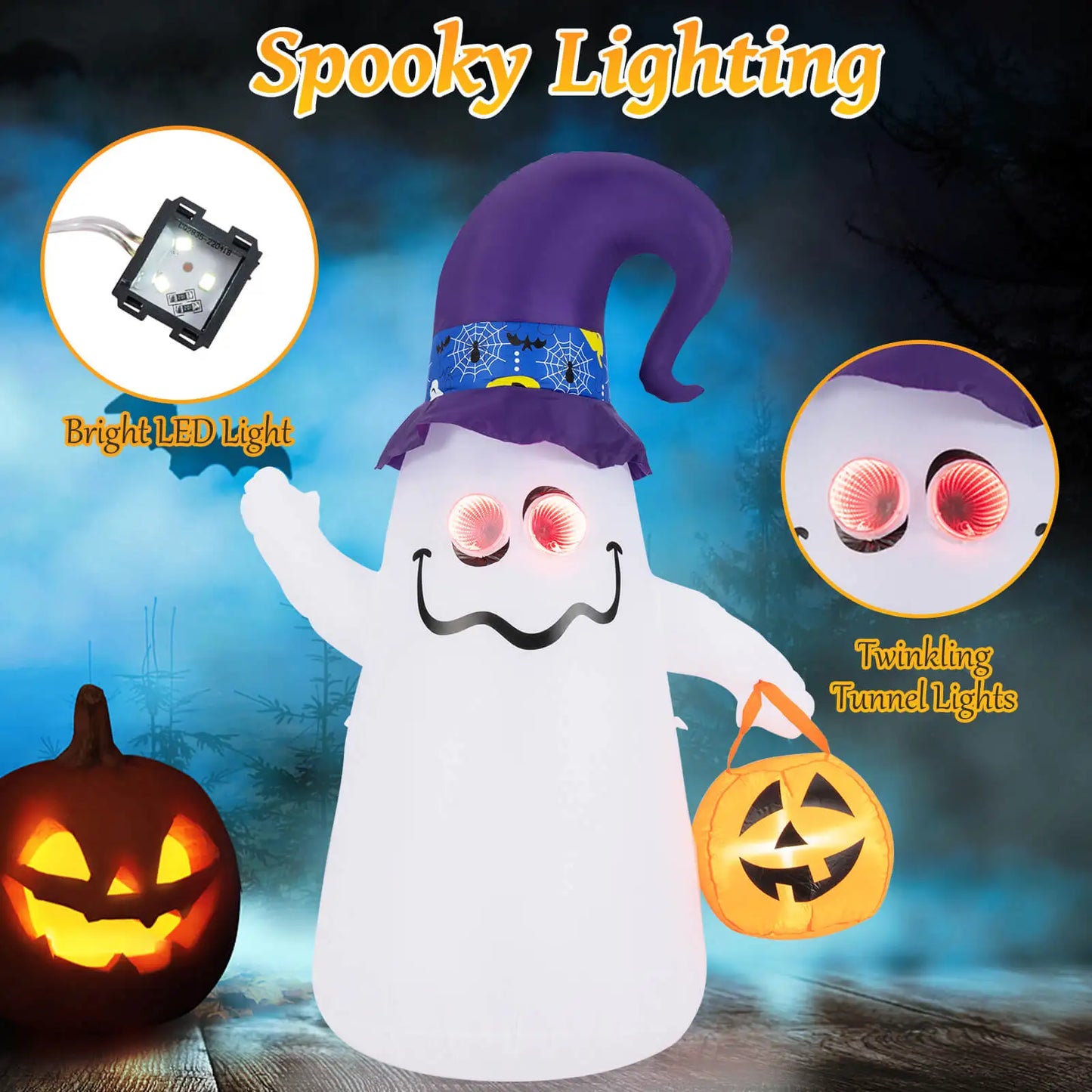 6 Ft Halloween Inflatable – Cute Ghost with Jack-O’-Lantern & Witch Hat, Airblown Yard Decor