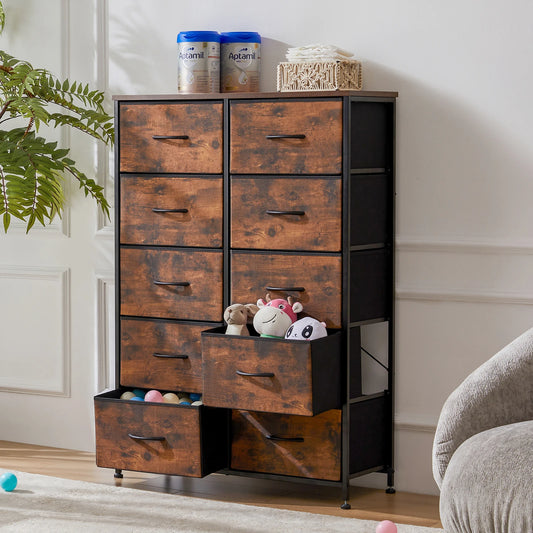 JHK Bedside Table with 10 Fabric Drawers — Stylish Steel Frame Storage Cabinet for Bedroom & Living Room