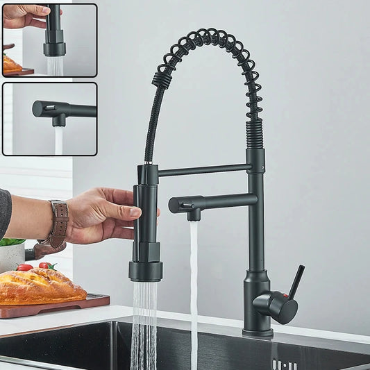 Black Pull Down Kitchen Faucet – 2-Mode Dual Spout Hot & Cold Water Mixer, 360° Swivel, Deck-Mounted Flexible Sink Tap
