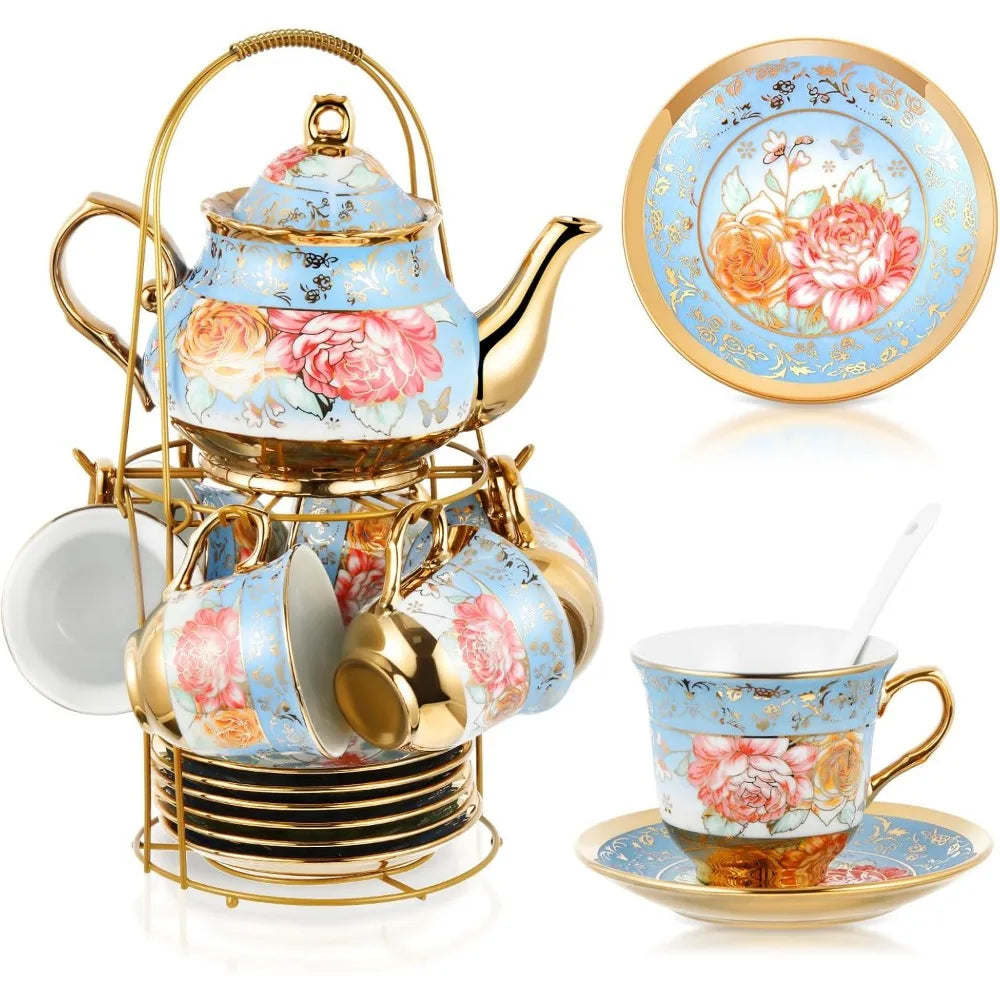 Elegant Ceramic Tea Party Set for Adults – European Floral Teapot, Teacup, Saucer & Spoon Set – Large Fresh Style
