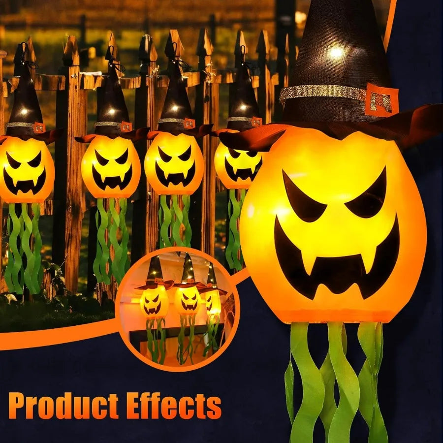 Hanging Lighted Glowing Pumpkin Witch Hat – Outdoor Halloween Decoration with 3 Lighting Modes