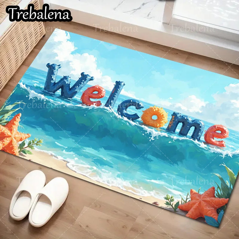 Beach Welcome Door Mat – Ocean Wave & Starfish Decorative Entryway Rug