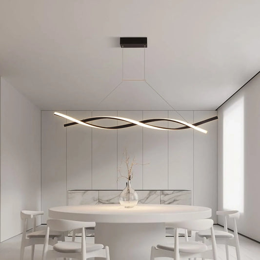 Modern Black LED Pendant Light – Remote Control Dimmable Ceiling Fixture for Dining Room, 46W, Adjustable Height