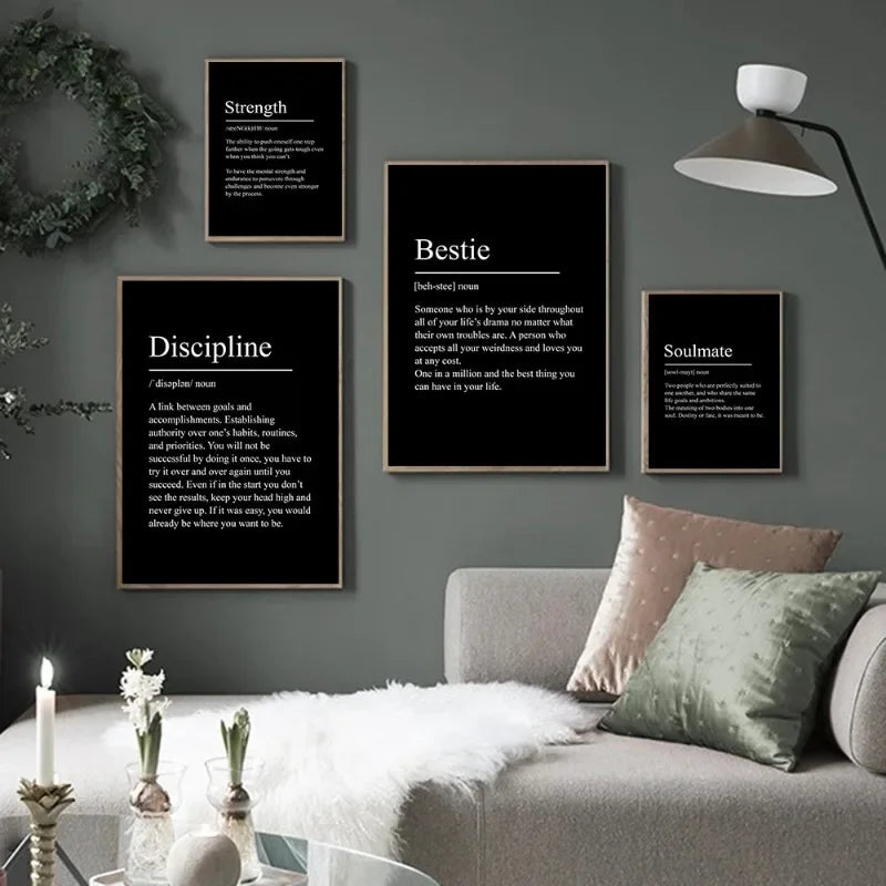 Black Minimalist Inspirational Phrases Poster – Success, Focus, Patience Definition Canvas Wall Art for Home & Office Decor