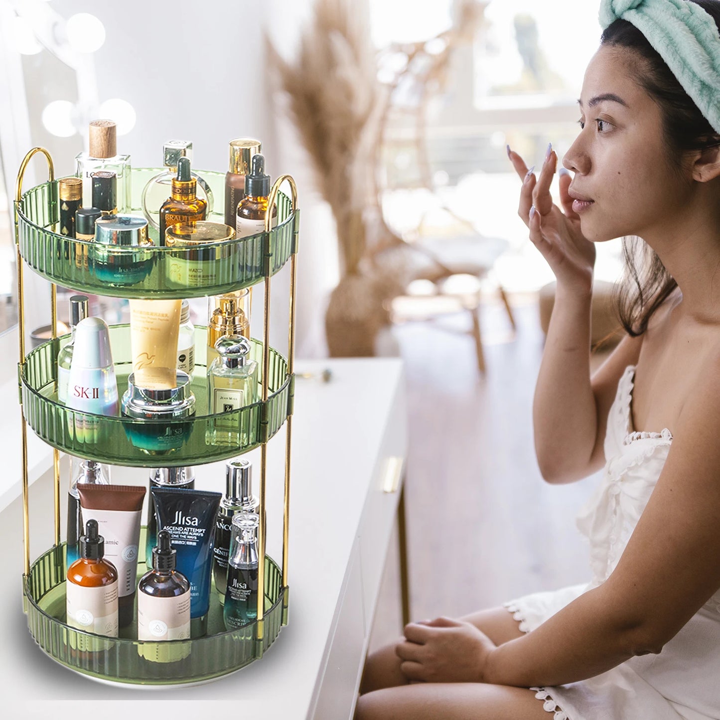 3-Tier Rotating Makeup Organizer – Clear High-Capacity Cosmetic & Skincare Storage for Vanity, Dresser, or Countertop