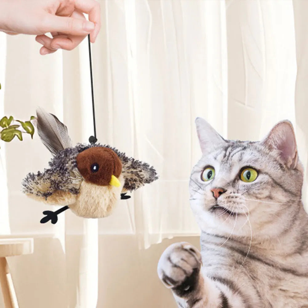 Interactive Flying Bird Cat Toy – Electric Flapping Wings & Squeaky Plush Sparrow with Catnip, Realistic Simulation Toy for Cats
