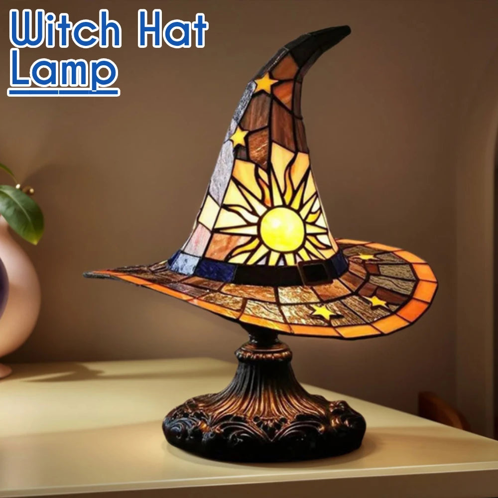 Stained Glass Witch Hat Lamp – LED Resin Witch Hat Light Ornament, USB Powered Home & Bedroom Decoration