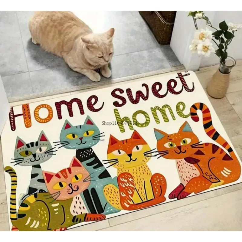 Hot-Selling Cartoon Cat Doormat – “Home is Sweet Home” Indoor/Outdoor Mat for Bathroom, Kitchen, Living Room, Bedroom & Patio