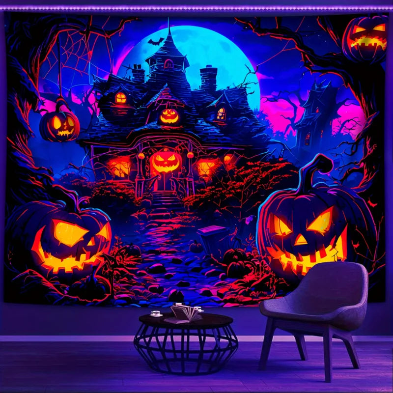 Glow-in-the-Dark Pumpkin House Wall Tapestry – Halloween Party & Home Décor with Easy Install Kit
