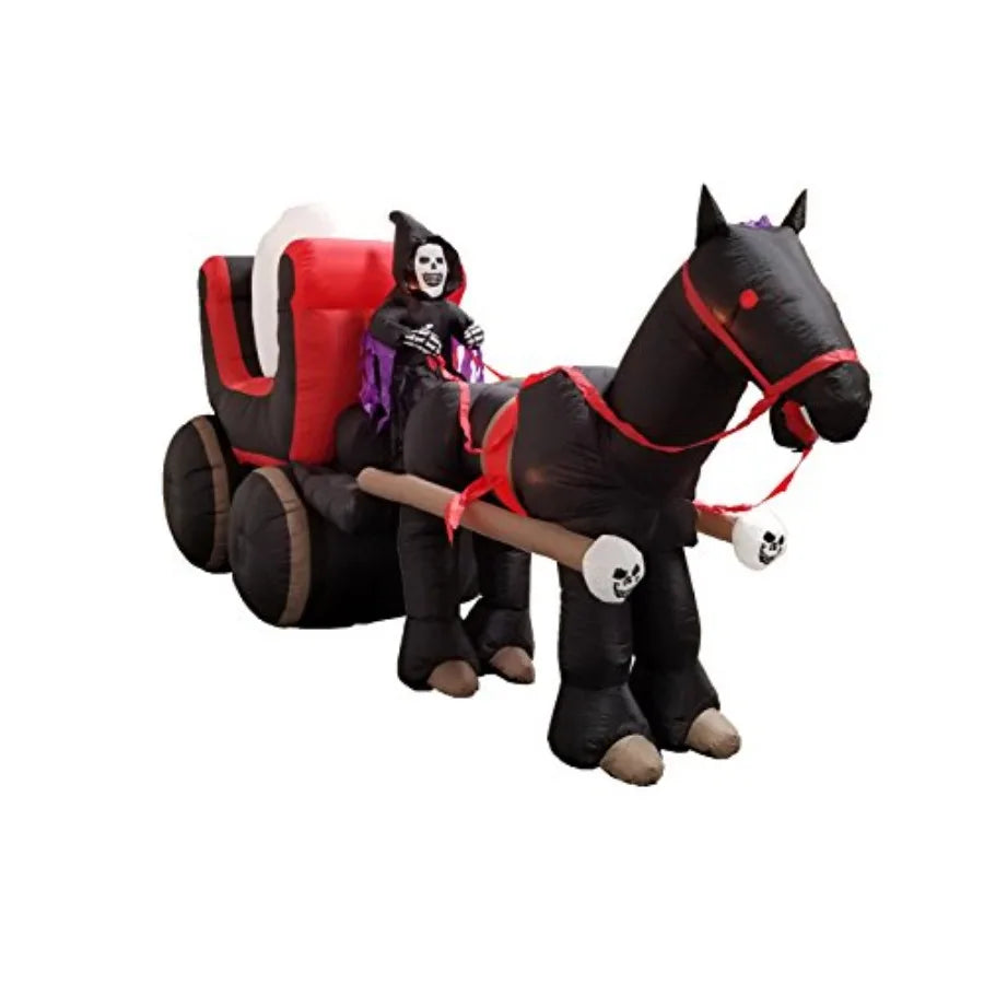 12-Foot Halloween Inflatable Skeleton Carriage – Lighted Outdoor/Indoor Blow-Up Decoration with Ghost, Skull & LED Lights