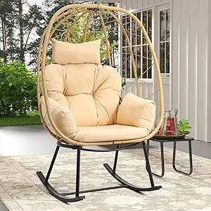 Wicker Rocking Egg Chair – Oversized Indoor/Outdoor Rattan Lounger for Patio, Backyard & Living Room