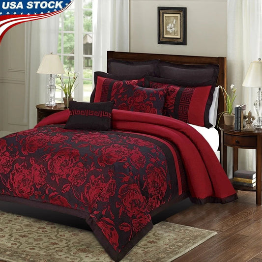 8-Piece Jacquard Floral Queen Bed-in-a-Bag Set – Vintage Design Comforter, Shams & Cushions – Hypoallergenic All-Season Bedding