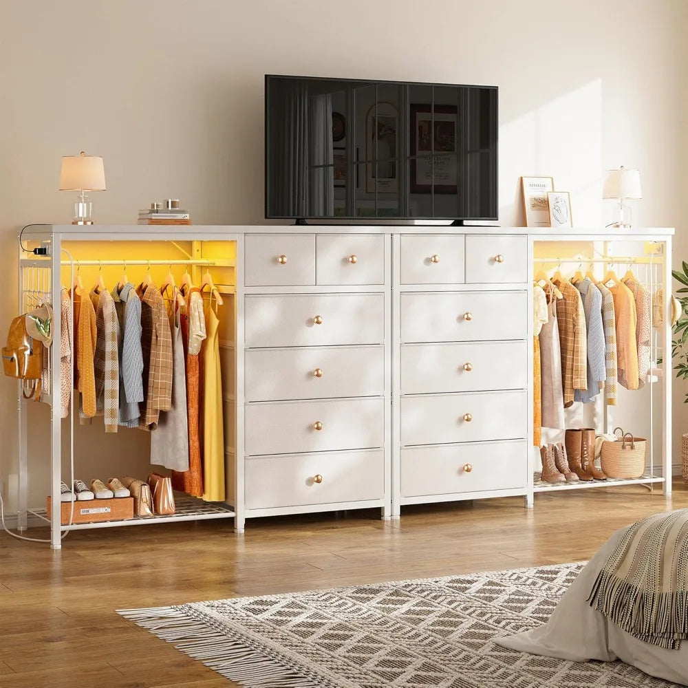 49.2" W White 6 Drawer Dresser for Bedroom with Hanging Rack with LED Lights