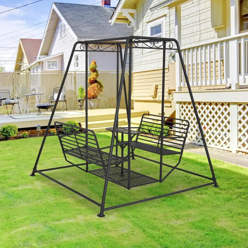 4-Seat Outdoor Swing – Heavy-Duty Patio Swing Chair with Backrest, Table, and Sturdy Steel Frame
