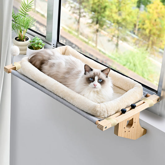 Cat Mattress Window Hammock – Double-Sided All-Season Bed with Hardwood Frame, Scratching Post & Play Balls