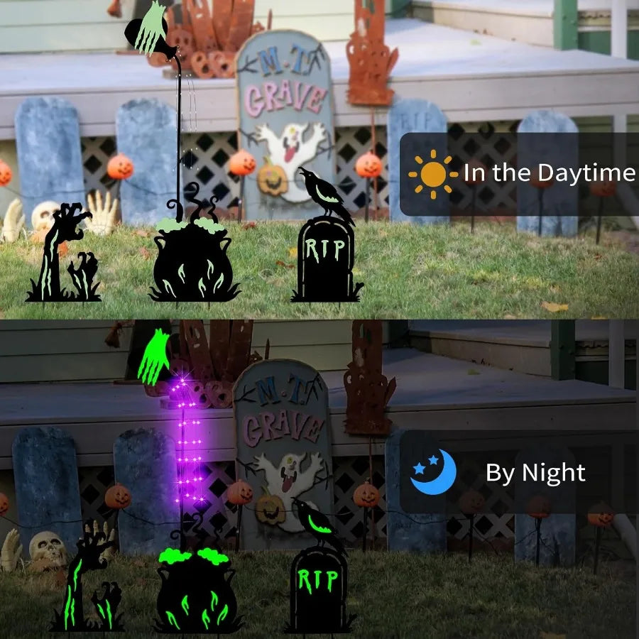 Halloween Outdoor Yard Decorations Set – 3 Solar LED Witch’s Cauldron, Potion Bottles, Ghost Hand & Tombstone Metal Stake Lights for Patio and Garden