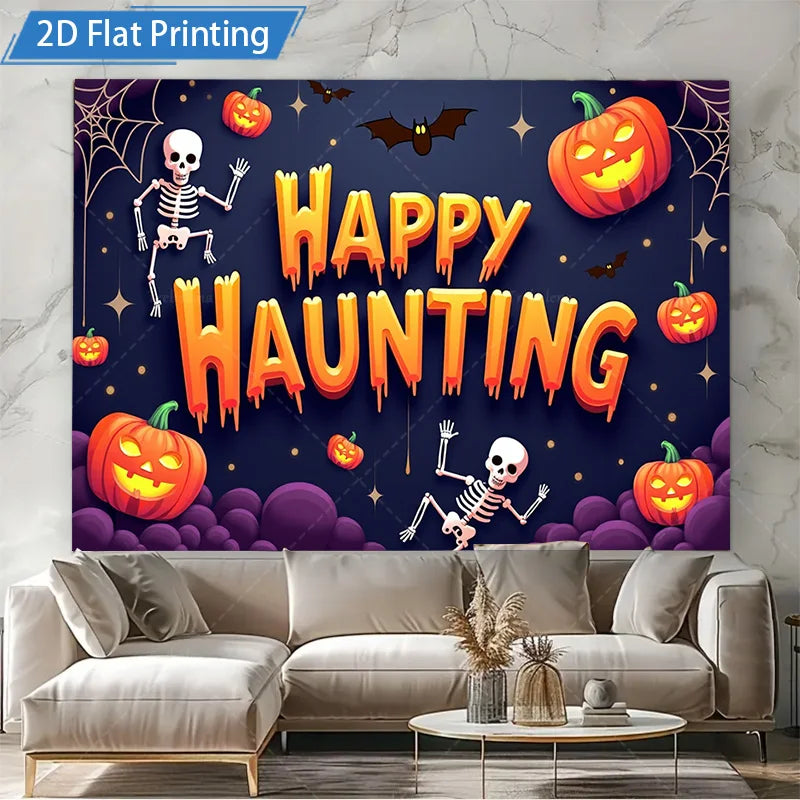 Halloween Wall Tapestry – Happy Haunting Pumpkin & Skeleton Design, Spooky Seasonal Décor for Home, Bedroom, or Party