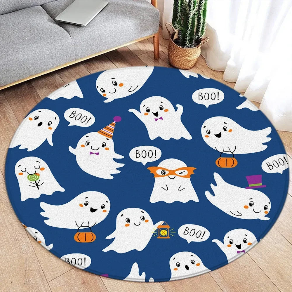 Cartoon Halloween Round Carpet – Cute Ghost, Pumpkin, Black Cat & Bat Rug for Living Room & Bedroom Decor