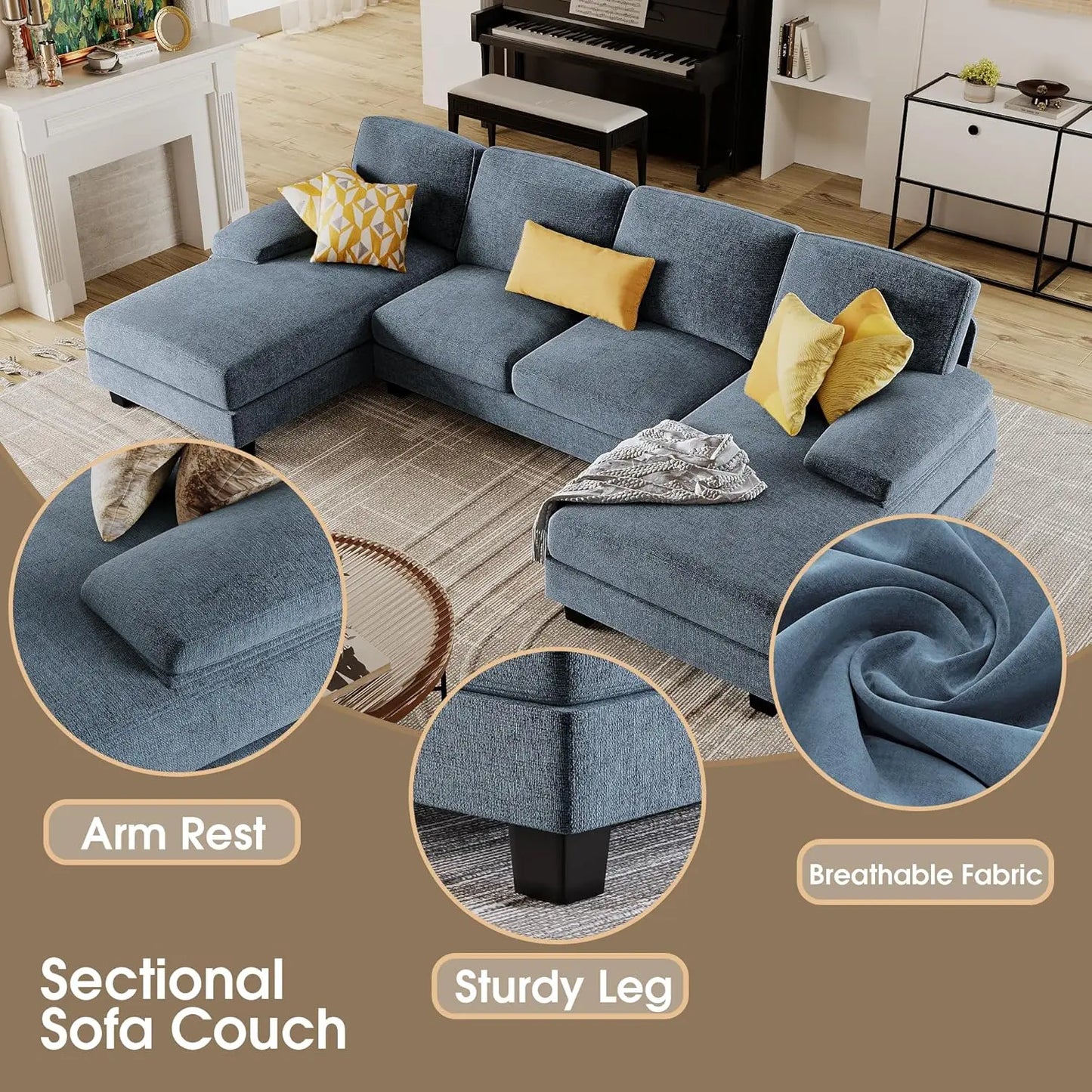U-Shaped 4 Seat  And Double Chaise Sofa Couch with Linen Fabric