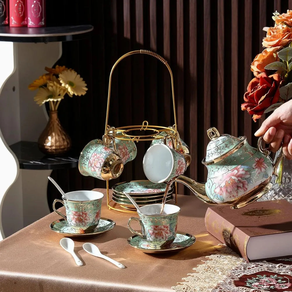 Elegant Ceramic Tea Party Set for Adults – European Floral Teapot, Teacup, Saucer & Spoon Set – Large Fresh Style