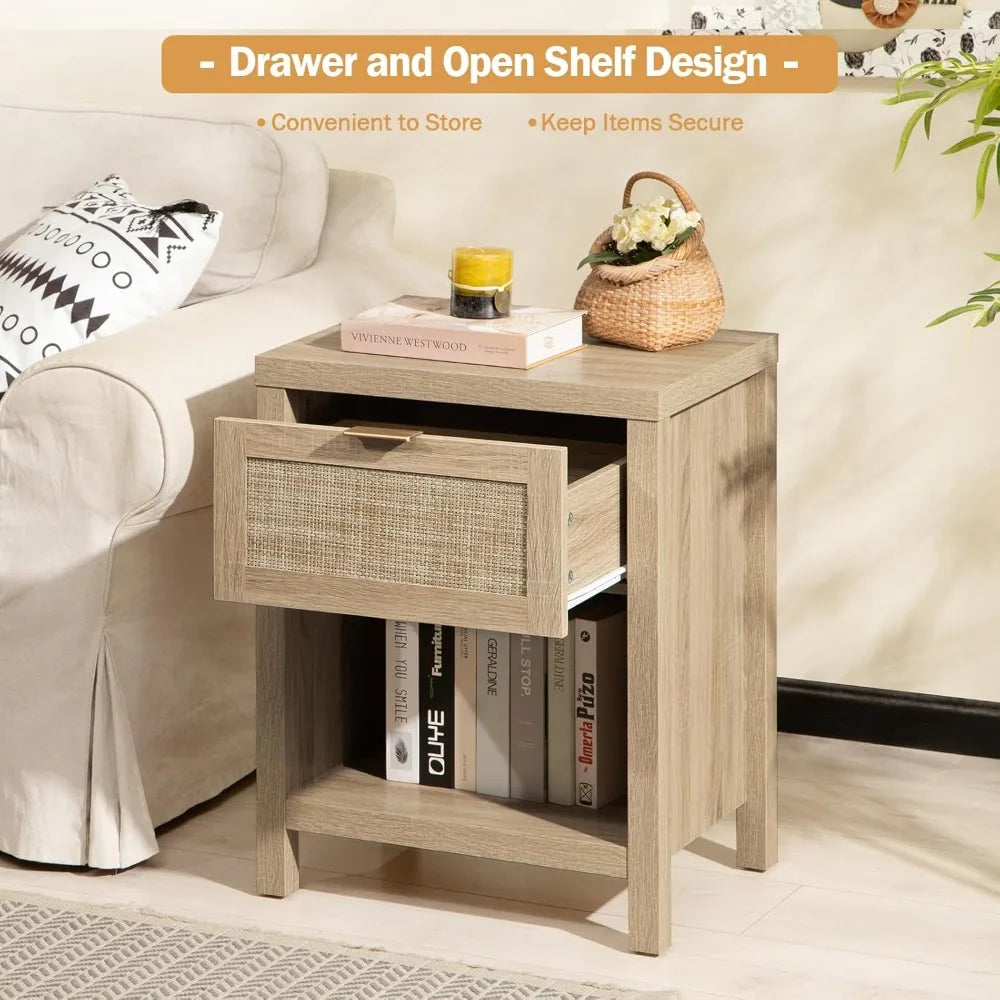Rattan Nightstands Set of 2 – Farmhouse Bedside Tables with Drawer & Storage Shelf, Boho Chic End Tables with Wood Frame