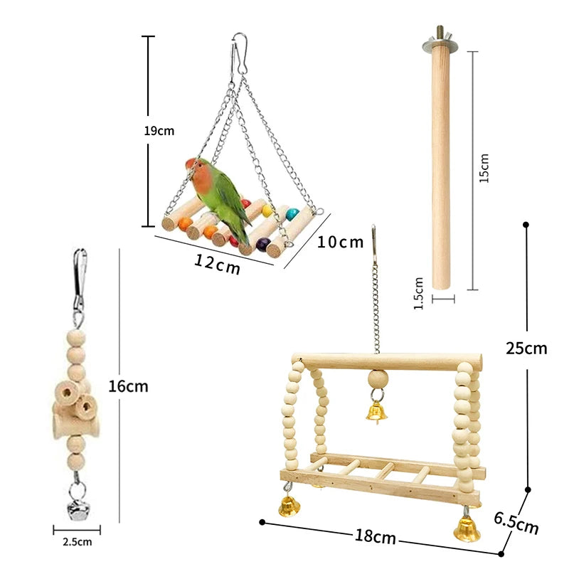 8-Piece Parrot Toy Set – Natural Wood Bird Swing, Perch, Climbing & Training Toys for Parrots, Cockatiels, Budgies, and Other Birds