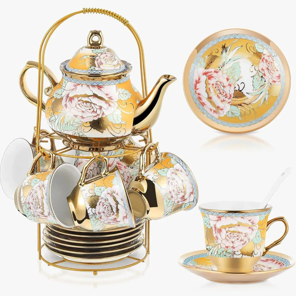 Elegant Ceramic Tea Party Set for Adults – European Floral Teapot, Teacup, Saucer & Spoon Set – Large Fresh Style