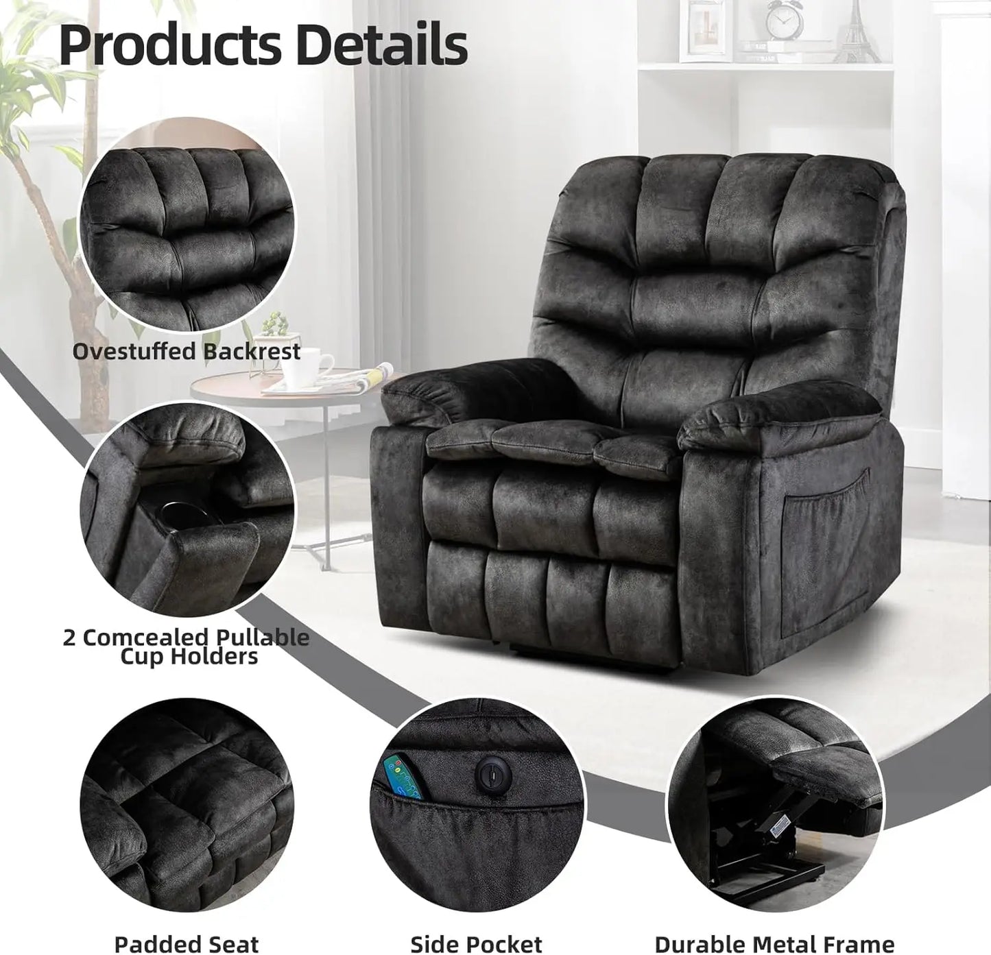 Large Power Lift Recliner Chair with Massage & Heat for Elderly – Oversized Electric Lift Chair for Seniors, Dark Grey
