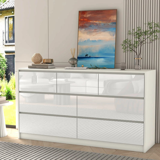 7 Drawer Wooden Dresser for Bedroom, 55" with High Gloss Drawers