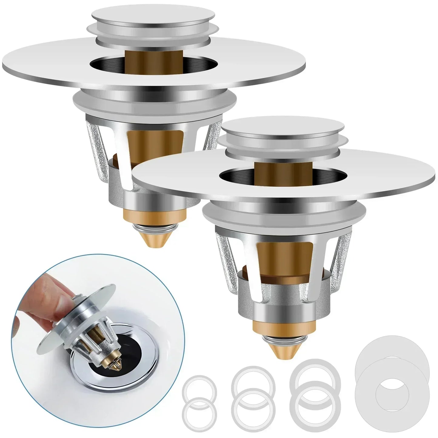 2Pcs Universal Sink Plug with Strainer – Copper Push Pop-Up Sink Stopper for Bathroom or Kitchen, Fits 27.5–58mm Drain Holes