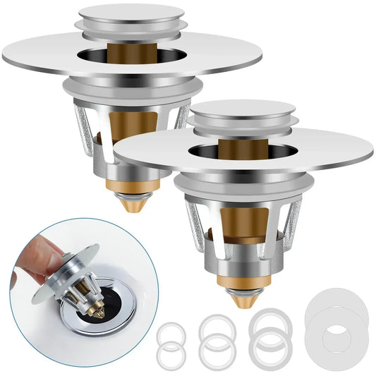 2Pcs Universal Sink Plug with Strainer – Copper Push Pop-Up Sink Stopper for Bathroom or Kitchen, Fits 27.5–58mm Drain Holes