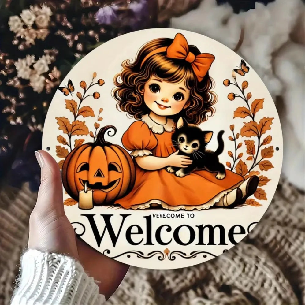 “Charming Black Girl & Autumn Kitty” 8x8" Iron Metal Wall Art – Decorative Plate for Bars, Cafés, Clubs & Home Décor