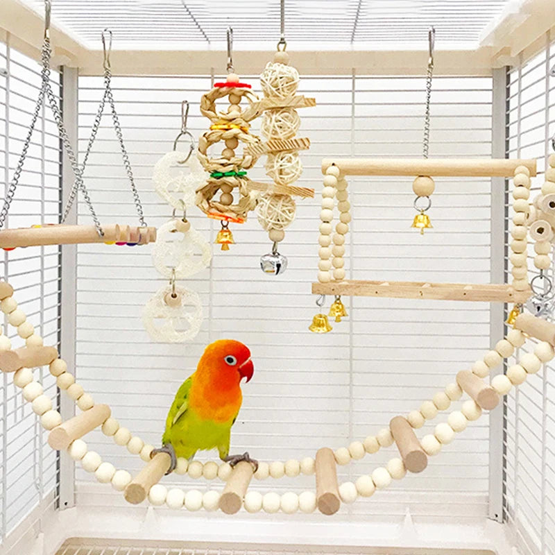 8-Piece Parrot Toy Set – Natural Wood Bird Swing, Perch, Climbing & Training Toys for Parrots, Cockatiels, Budgies, and Other Birds