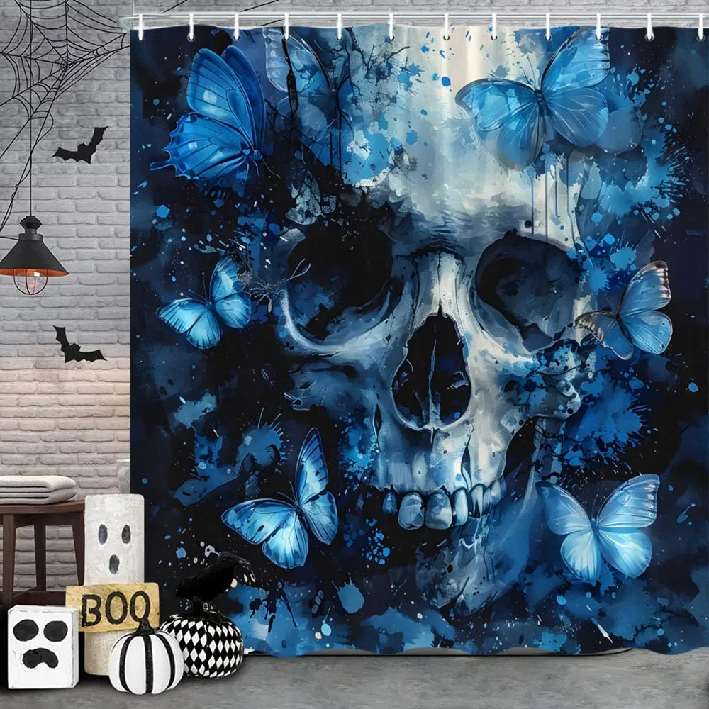 🦇 Spooky Halloween Skeleton & Crow Shower Curtain – Gothic Black Cat & Bat Design with Hooks