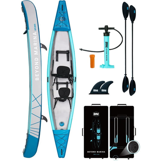 Inflatable Kayak for 1, 2, or 3 Adults – Full Drop-Stitch Touring Kayak with Aluminum Paddles, Adjustable Seats, Footrests, Pump & Fins