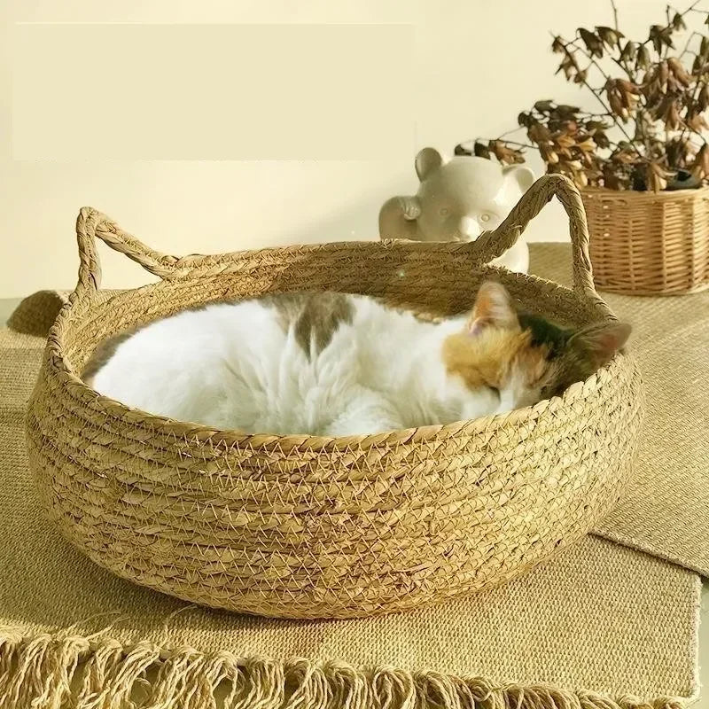 Four Seasons Handmade Woven Vine Cat Nest – Detachable, Washable Pet Bed with All-Season Cushion for Cats & Small Pets
