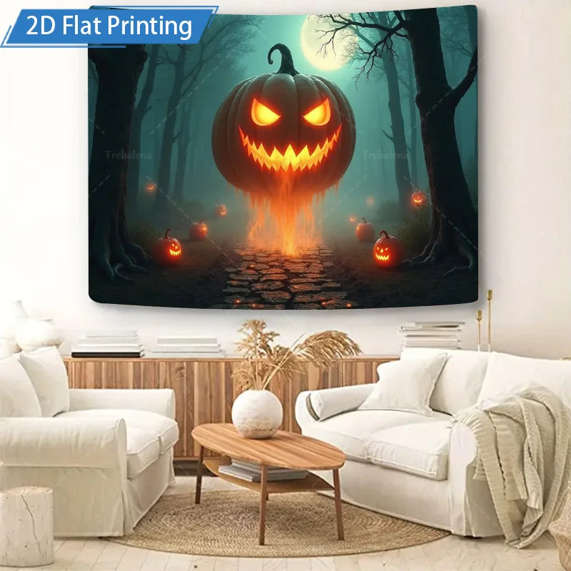 Halloween Wall Tapestry – Pumpkin Forest with Moonlit Path, Spooky Seasonal Décor for Home, Bedroom, or Party