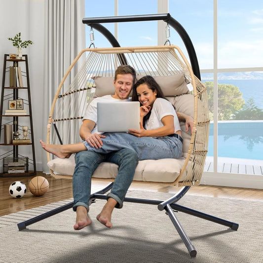 2-Person Hanging Egg Swing Chair with Stand – Wicker Hammock Chair with Cushions, 550lbs Capacity for Indoor/Outdoor Use – Patio, Garden, Bedroom Lounge