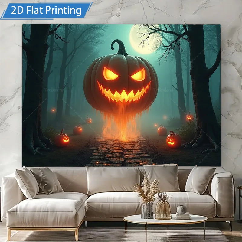 Halloween Wall Tapestry – Pumpkin Forest with Moonlit Path, Spooky Seasonal Décor for Home, Bedroom, or Party