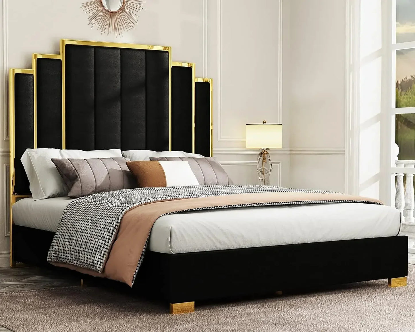 King Size Platform Bed Frame – 65" Velvet Upholstered Headboard with Elegant Gold Trim, Sturdy Wood Slats, No Box Spring Needed