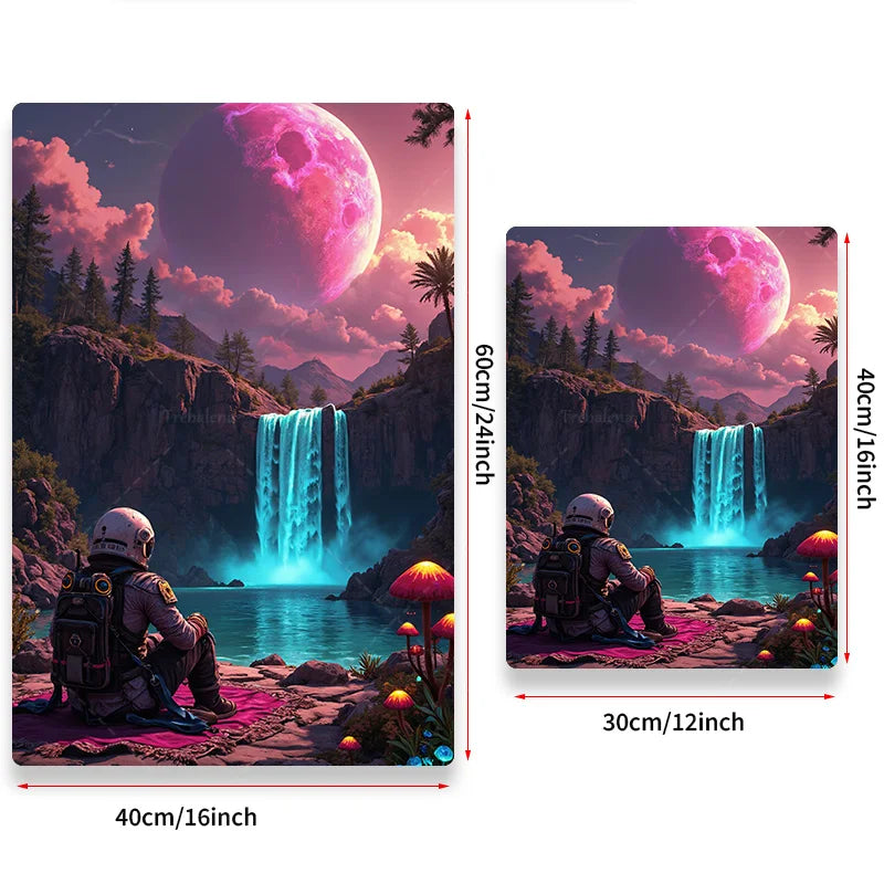 Futuristic Astronaut Wall Tapestry – Glowing Waterfall & Pink Moon, Sci-Fi Home Décor for Bedroom, Living Room, or Dorm