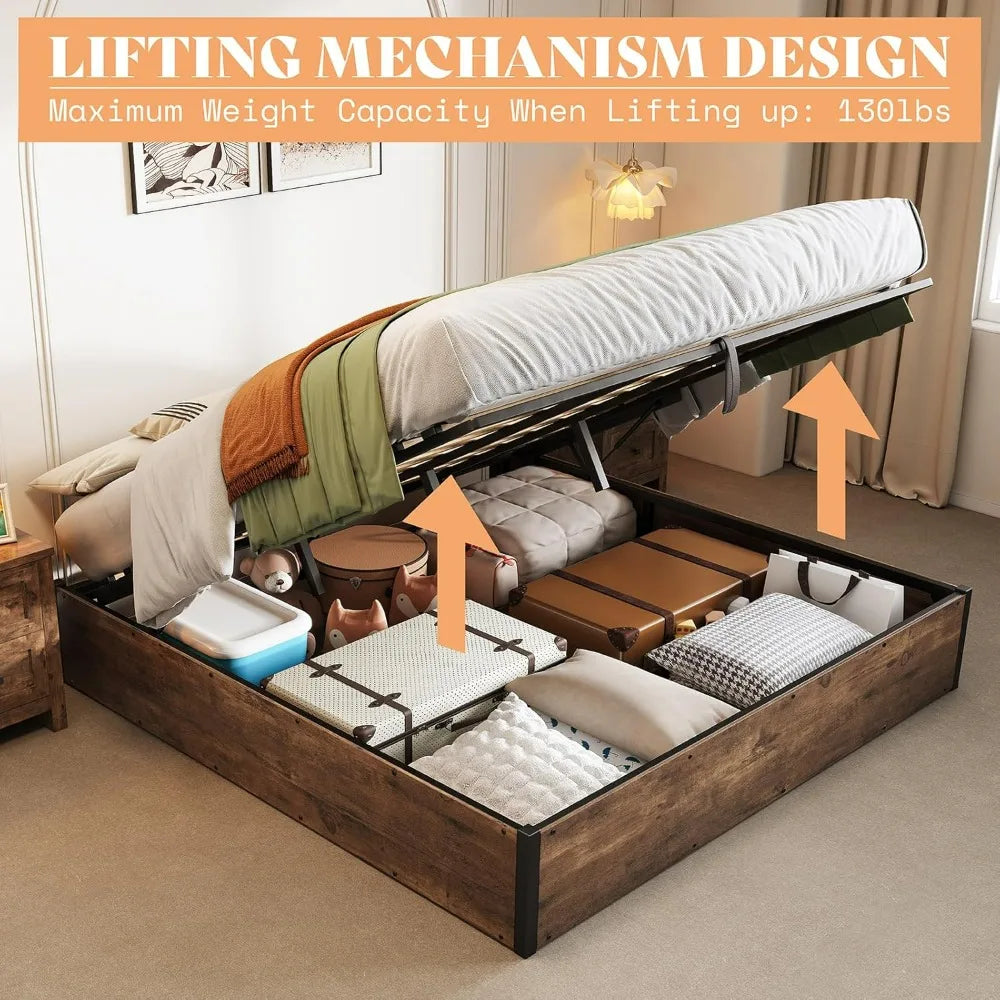 Lift-Up Storage Bed Frame – Wooden Platform Bed with Underbed Storage, Solid Wood Slat Support, No Fixed Headboard, No Box Spring Needed