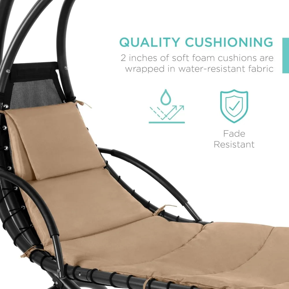 Outdoor Hanging Curved Steel Chaise Lounge Chair Swing w/Built-in Pillow and Removable Canopy