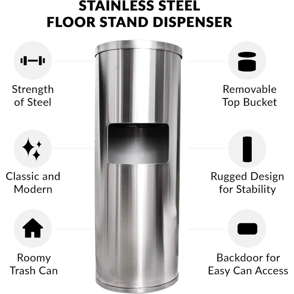 Stainless Steel Floor-Standing Wipe Dispenser with Built-In Trash Can – Fits Most Sanitizing & Disinfecting Wipe Refill Rolls